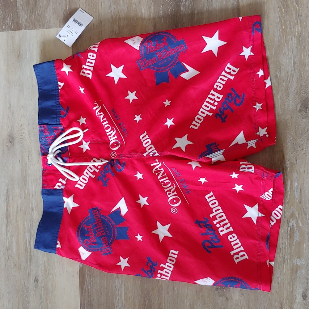 NWT Pabst Blue Ribbon Graphic Men's Board Shorts Red Size S